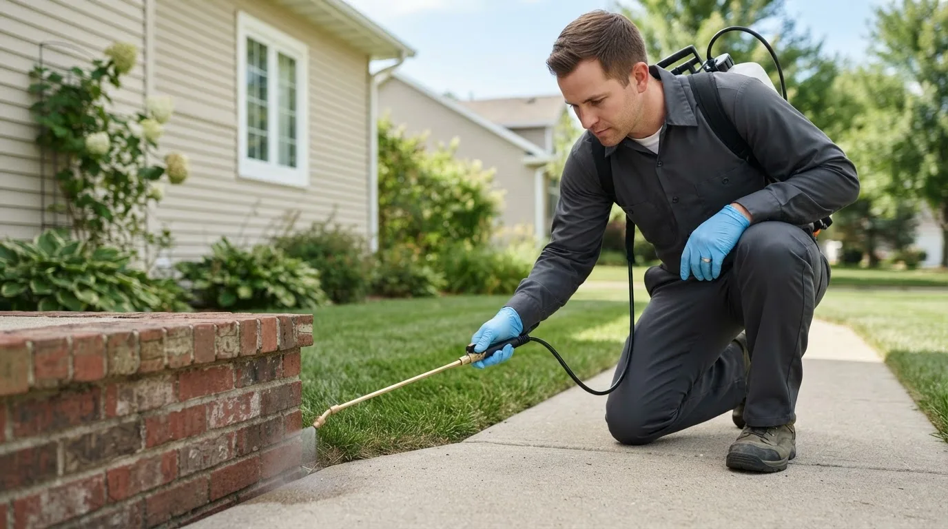 Pest control technician treating a home near Haslet, TX